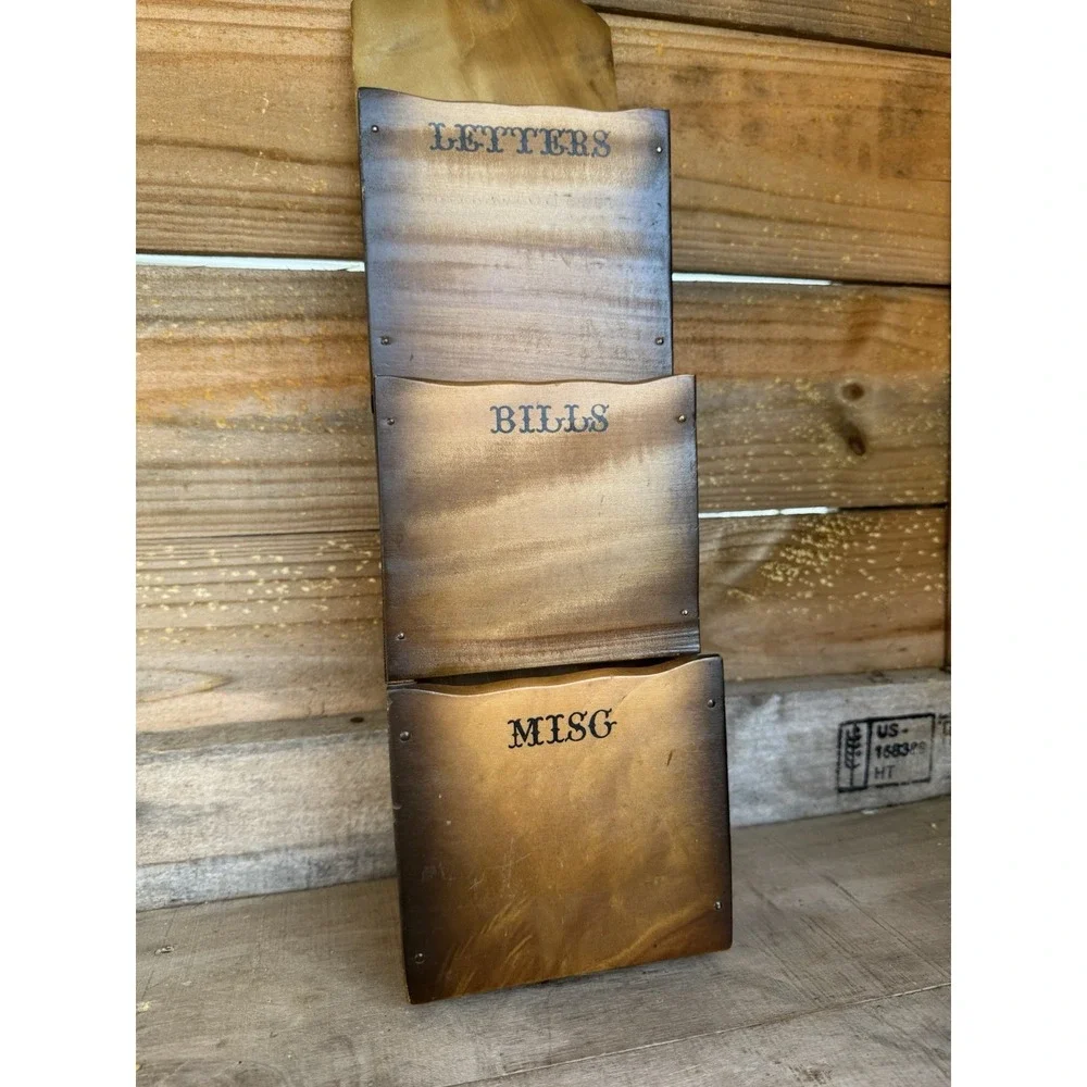 Vintage Wooden Mail Organizer Wall Pockets Letters Bills 3 Slots Holder Japan